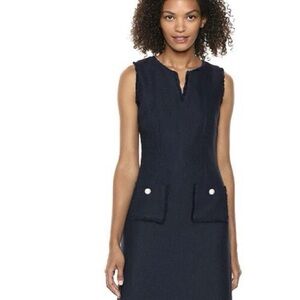 Karl Lagerfeld Navy Textured Sleeveless Sheath Dress with Floral Pocket Buttons